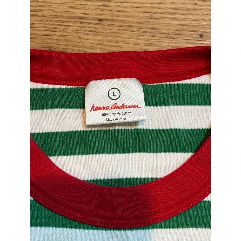 Hanna Andersson Pajama Set Women L Green White Stripe Holiday Organic Cotton PJs